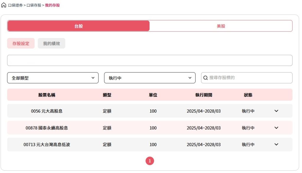 一個網頁截圖顯示口袋證券的定期定額投資介面，包括三種台股ETF的詳細資訊，顯示股票名稱、類型、單位、執行期間及狀態。