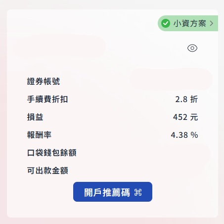 顯示一個投資系統的畫面，包含證券帳號、手續費折扣、損益和報酬率等資訊。